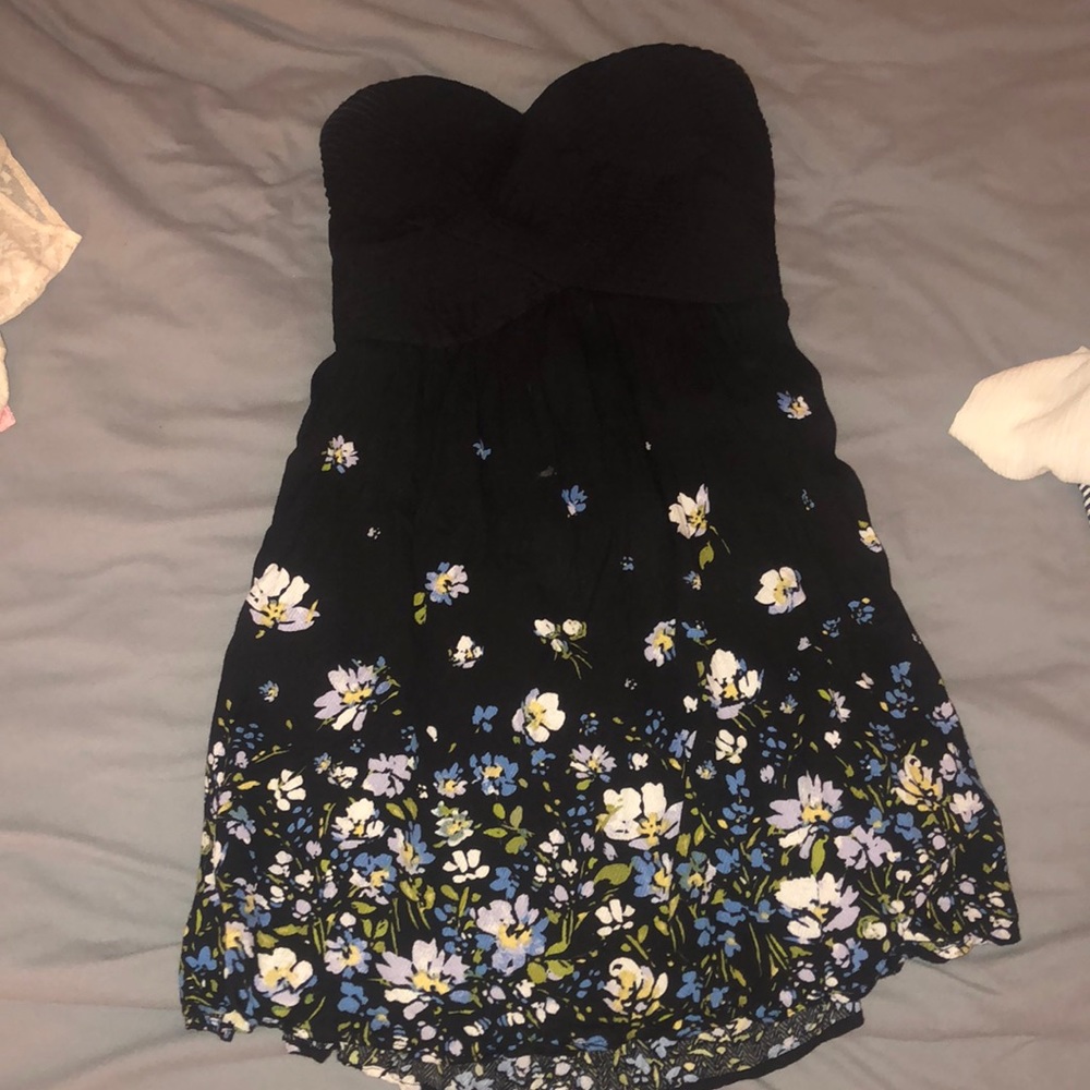 Strapless Floral Black Dress